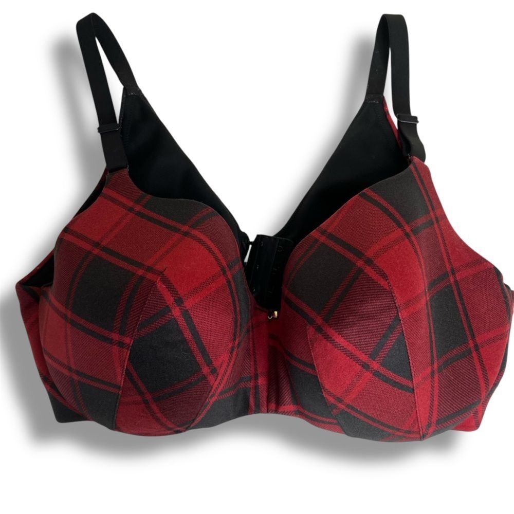 Cacique Lightly Lined Balconette Red Black Plaid Bra Women Plus Size 40DD / 40E